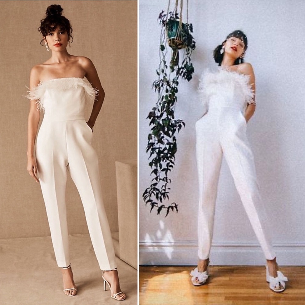 Bhldn Saylor Bridal Janae Ostrich Feather Strapless White Jumpsuit Anthro Xl 12